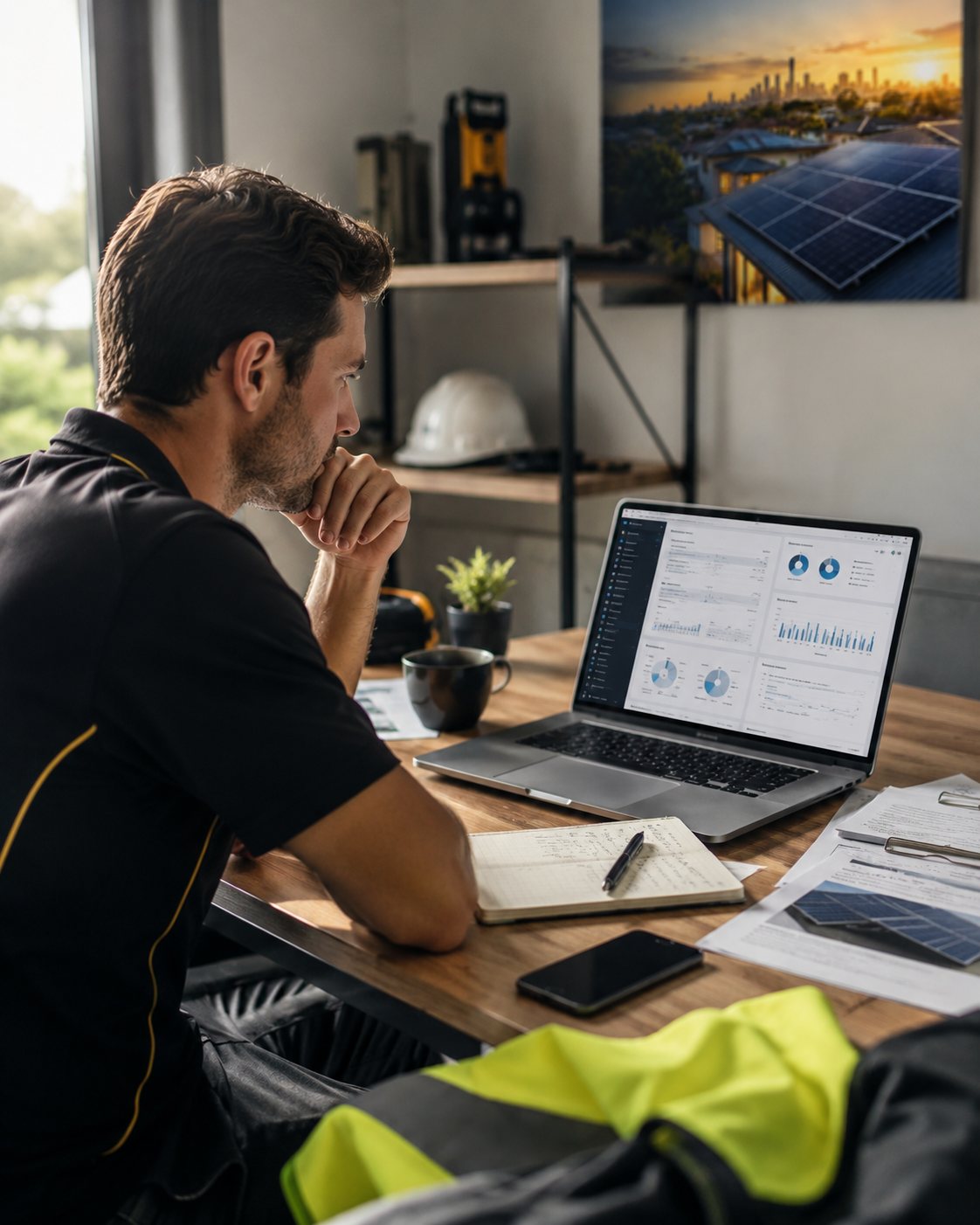 Solar business owner reviewing pricing dashboards