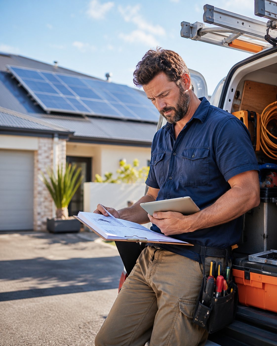 Solar installer reviewing paperwork at his van